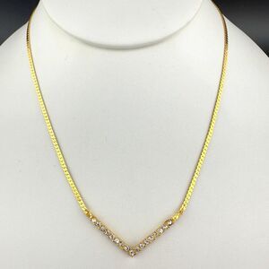 Vintage Monet Gold tone V Shaped necklace Rhinestones Thin Herringbone Chain